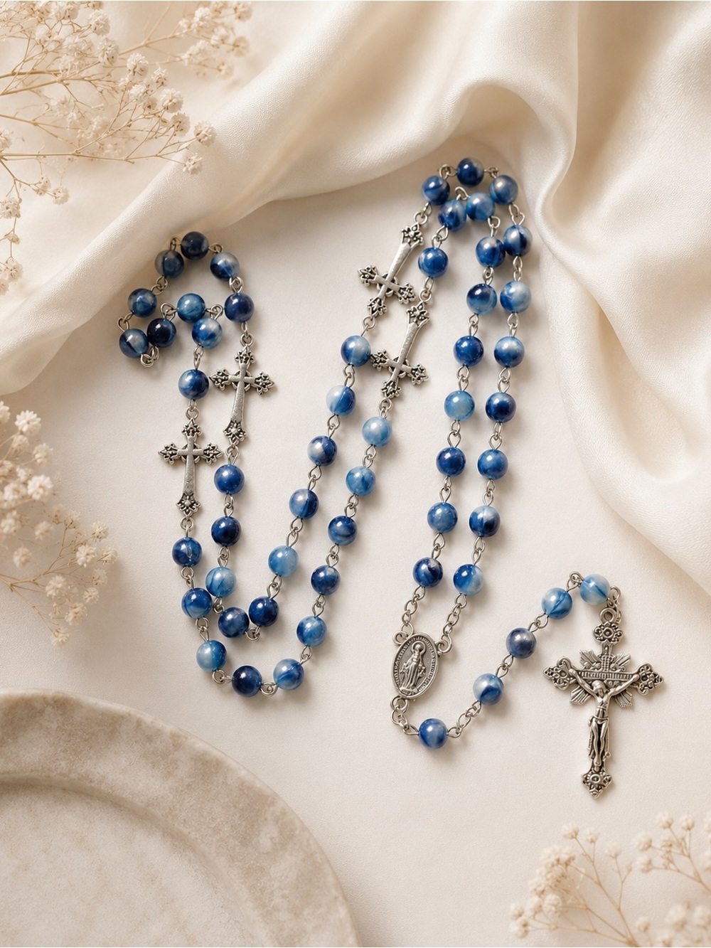 Blue Marble Effect Acrylic Resin Beaded Catholic Rosary Necklace